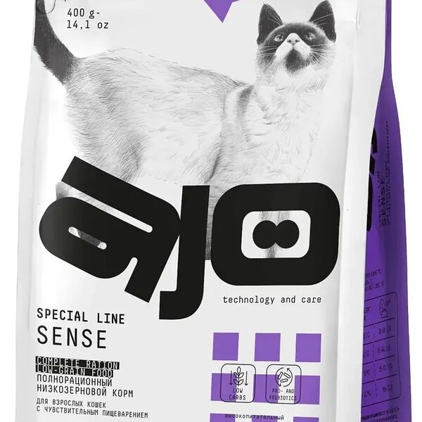  Сухой корм для кошек с чувствительным пищеварением AJO Cat Sense Курица, олень и гречка для кошек 400г