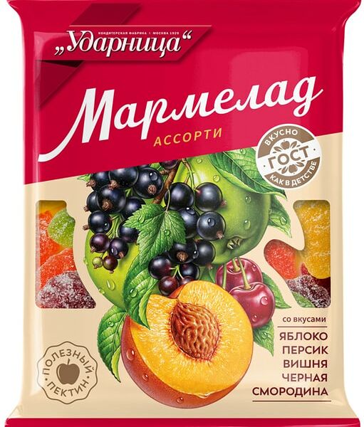 Мармелад Ударница Ассорти со вкусами Яблока Персика Вишни Черной смородины 275г