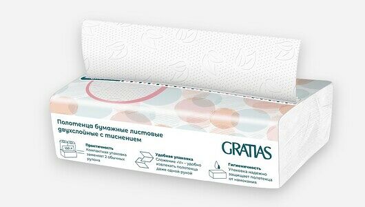 Полотенца бумажные Gratias 2-слойные в листах V сложения 22х21см