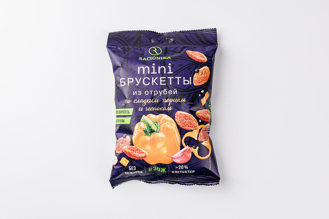 

Мини Брускетты Racionika из отрубей с болгарским перцем и чесноком, 100г