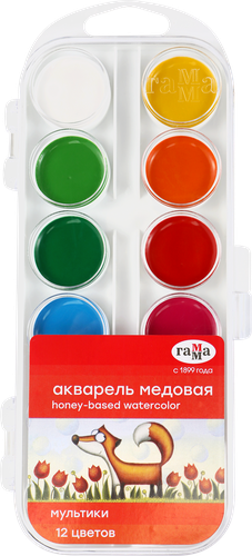 

Акварель Гамма Мультики медовая полусухая 12 цветов без кисти