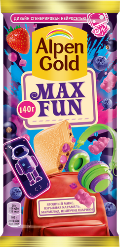 

Шоколад белый Alpen Gold Max Fun ягодный микс, взрывная карамель, шипучие шарики 140 г