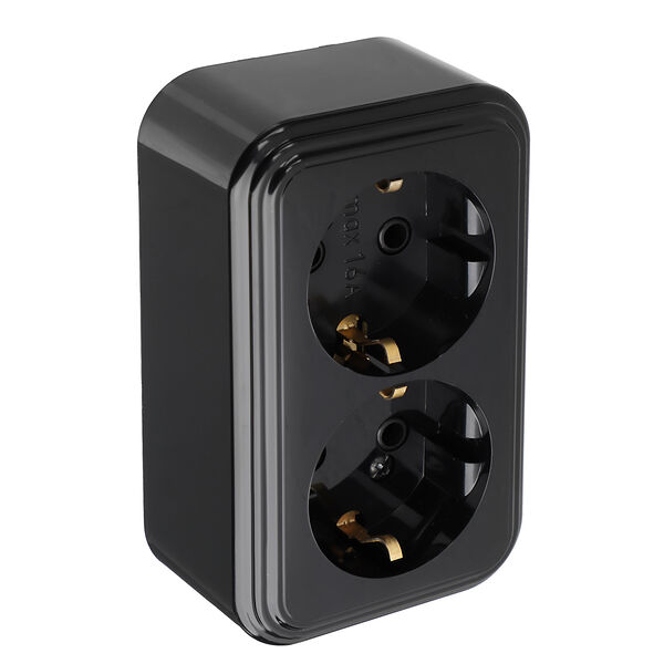 Forza розетка двухместная с заземляющим контактом ra 16-238-ч, 250в, 16а, ip20, 106x65x41 мм, чёрная