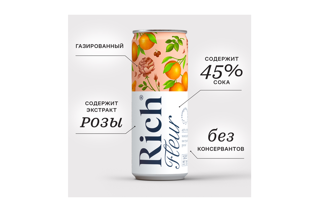 

Напиток сокосодержащий Rich Fleur из винограда, лимонов и мандаринов с ароматом розы 330 мл
