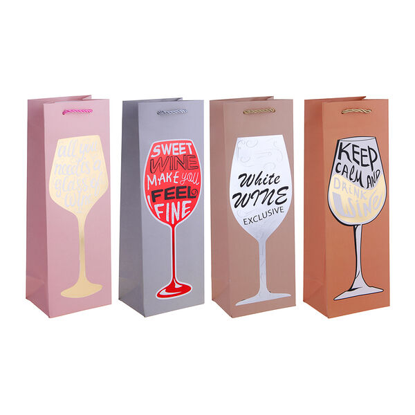 Пакет подарочный для бутылки, высококачественная бумага, с фольгированным слоем, 4 дизайна, бокалы