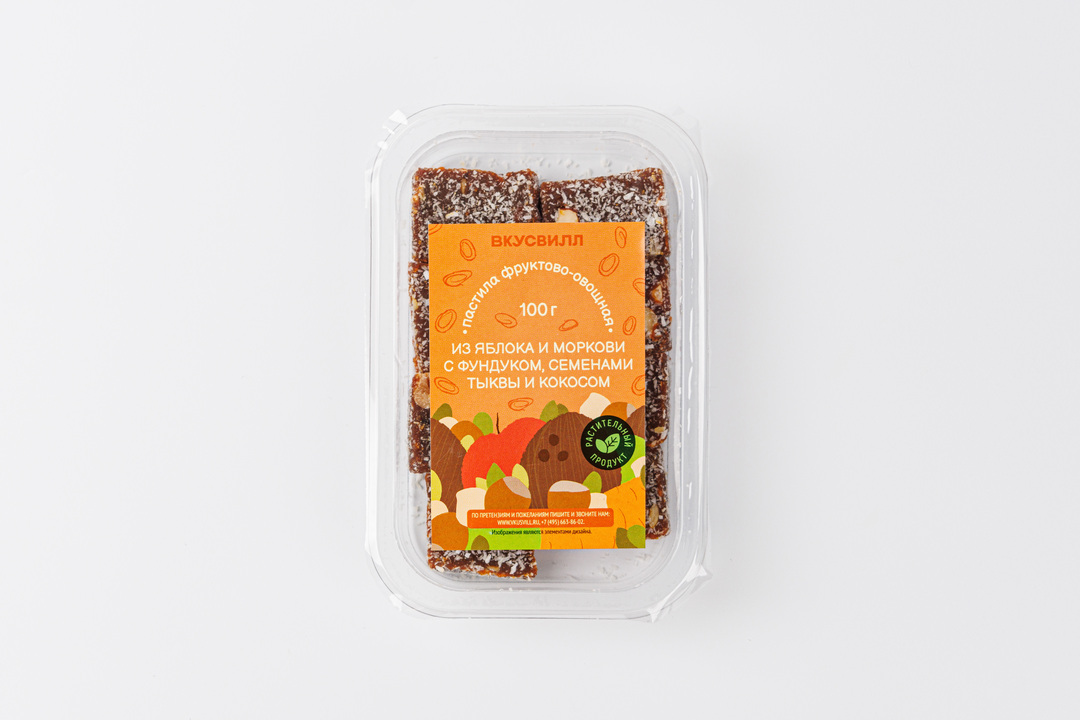 

Пастила фруктово-овощная из яблока и моркови с фундуком, семенами тыквы и кокосом 100 г