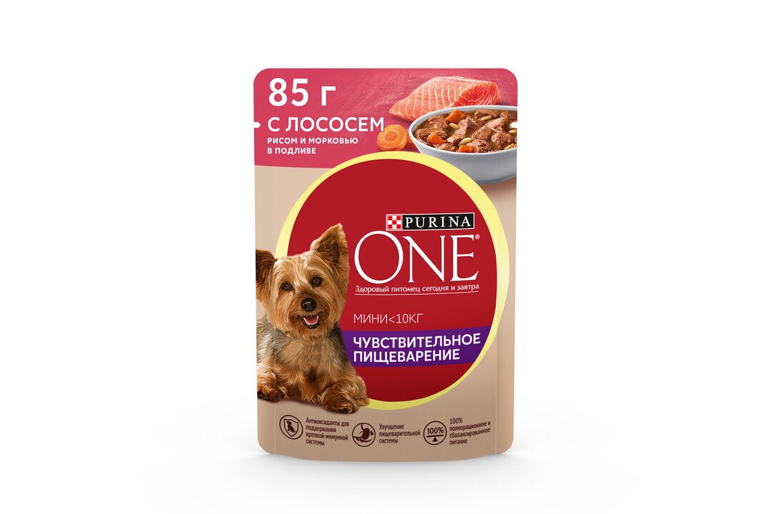 

Влажный корм Purina One Мини для взрослых собак мелких пород с чувствительным пищеварением с лососем, рисом и морковью в подливе 85 г