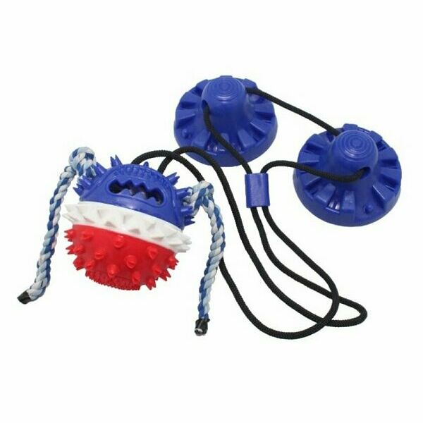 Интерактивная игрушка для собак №1 Тяни-кусай на двух присосках 75 см шипованный мяч с веревкой синий/красный