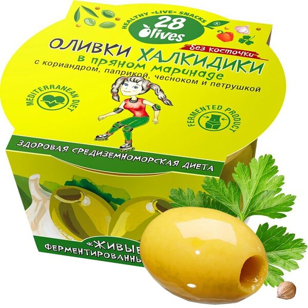 Оливки 28 olives Халкидики без косточки в пряном маринаде 150г