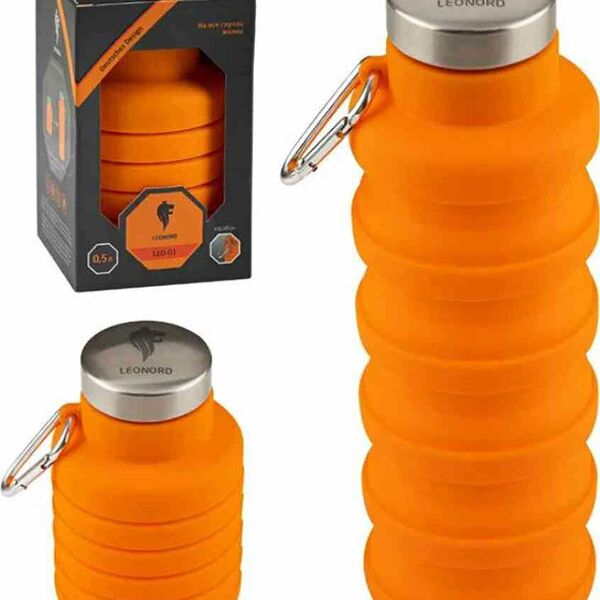 Бутылка складная Leonord силиконовая LEO-01 с карабином цвет: оранжевый, 500 мл