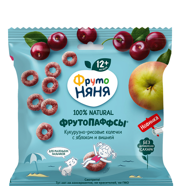 Злаки хрустящие ФрутоНяня ФрутоПаффсы кукурузно-рисовые с яблоком и вишней