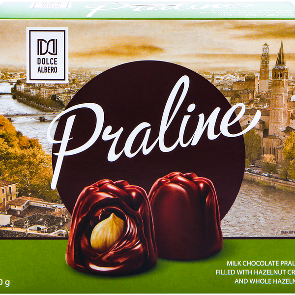 Конфеты DOLCE ALBERO из молочного шоколада с ореховым кремом и фундуком