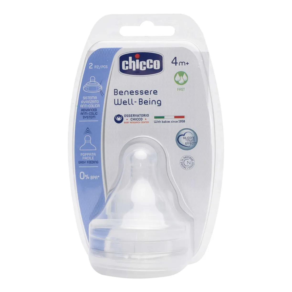 

Соска для бутылочки CHICCO Well-Being силиконовая быстрый поток, с 4 месяцев, 2 шт
