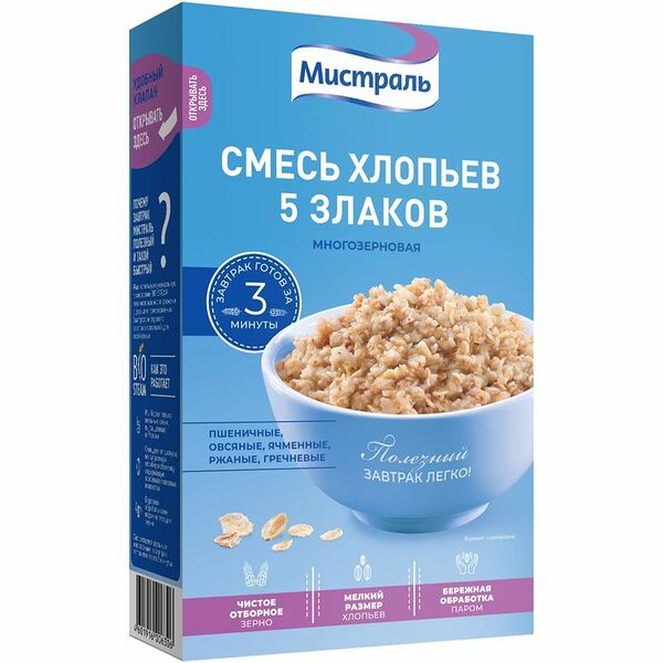 Хлопья мультизлаковые Мистраль 5 злаков Полезный семейный завтрак, 400 г