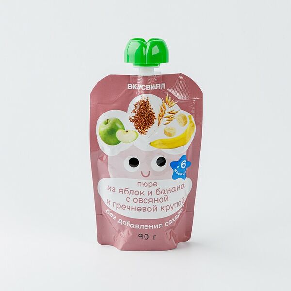 Пюре ВкусВилл из яблок и банана с овсяной и гречневой крупой, 90 г