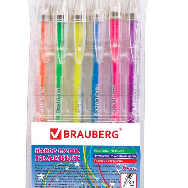 Ручки гелевые BRAUBERG JET, НАБОР 6 ЦВЕТОВ, НЕОНОВЫЕ, 0,7 мм, линия 0,5 мм, 141034