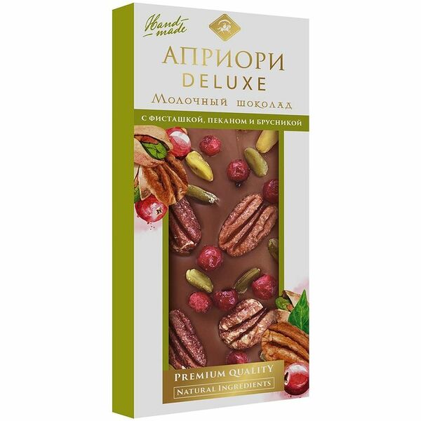 Шоколад молочный Априори с фисташкой, пеканом, и брусникой