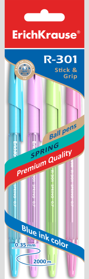 

Набор ручек шариковых ErichKrause R-301 Stick&Grip Spring 0,7 мм синий 4 шт