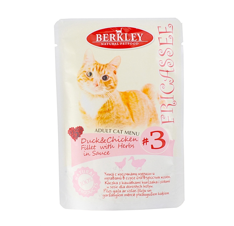 

Корм для взрослых кошек Berkley Fricassee утка, курица, травы в соусе, 85 г
