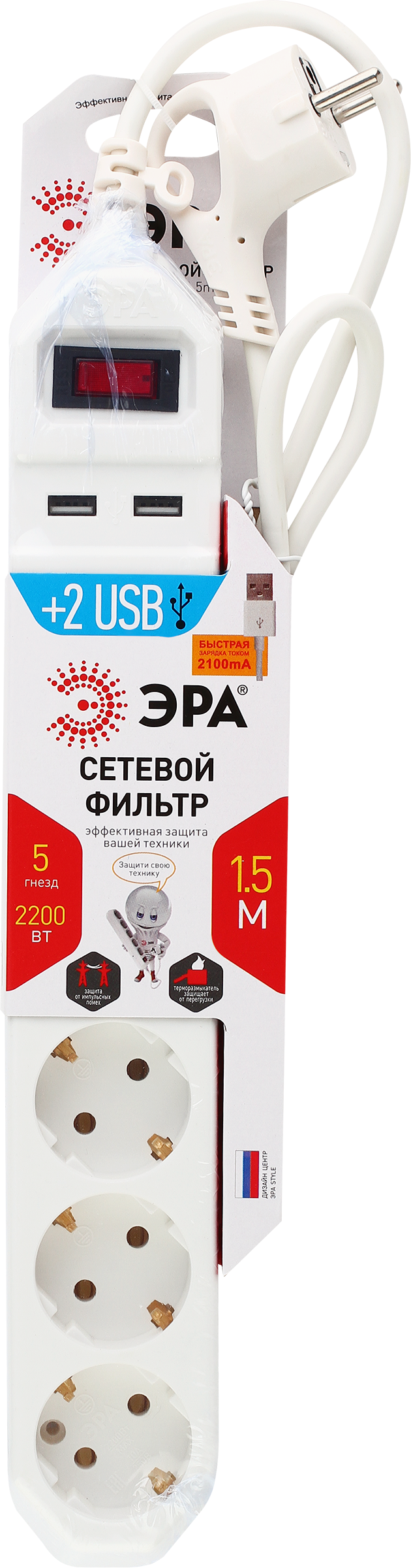 

Сетевой фильтр ЭРА USF-5es-1.5m-USB-W с базовой защитой, с заземлением, с выключателем, 5 розеток, 1,5м Арт. Б0019037