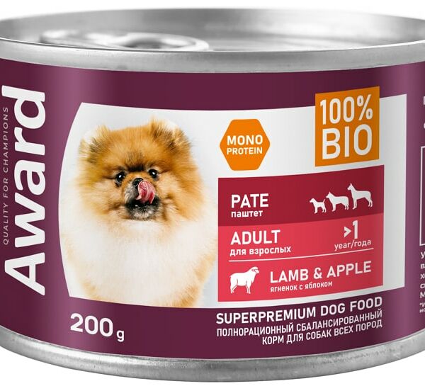 Влажный корм для собак Award Паштет из ягненка с яблоком 200г
