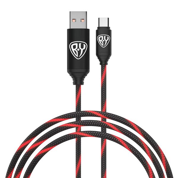 By кабель для зарядки армированный type-c, 1м, 3а, быстрая зарядка qc3.0, led подсветка красная