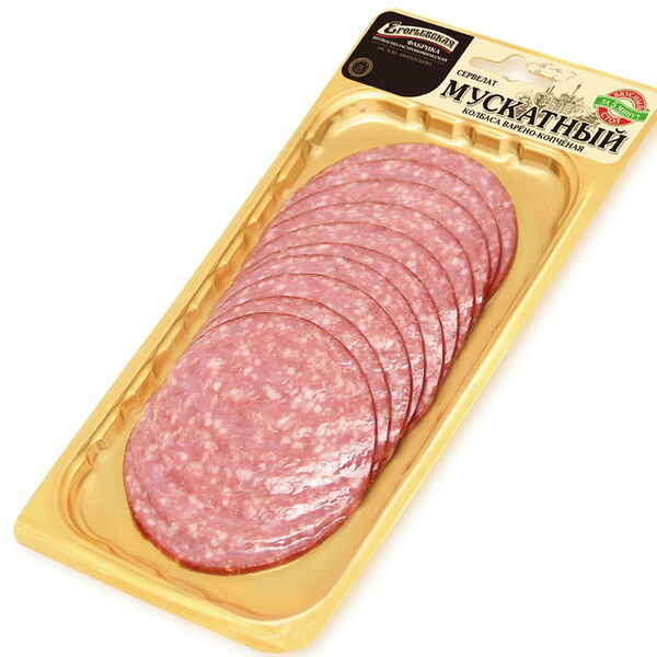 Колбаса варено-копченая Егорьевская КГФ Сервелат Мускатный, нарезка, 100г