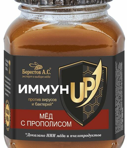Мёд Берестов А.С. ИммунUP натуральный цветочный полифлорный с прополисом и кедровой живицей, 200г