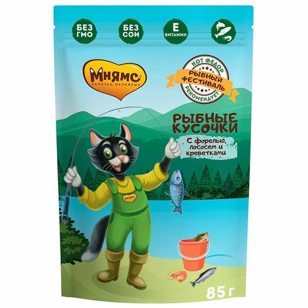 Корм для кошек ТМ Мнямс рыбные кусочки с лососем, креветками и форелью  85 г