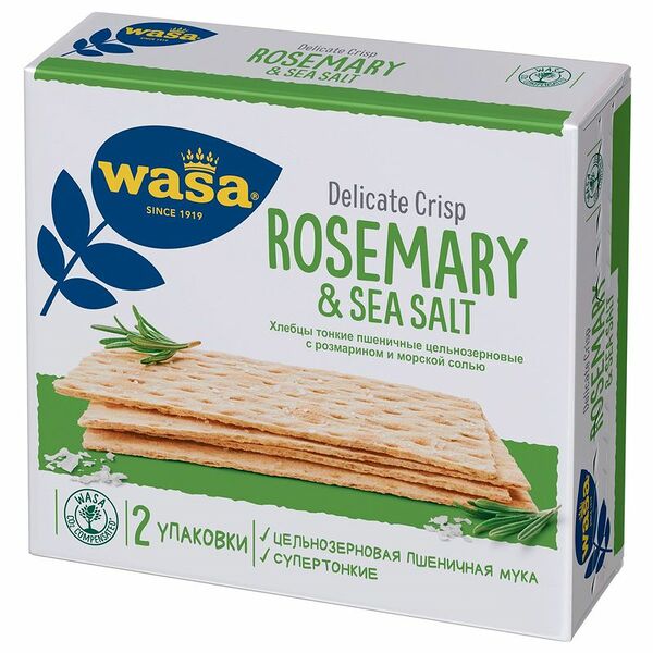 Хлебцы пшеничные цельнозерновые Wasa тонкие Delicate Crisp Rosemary & Sea salt с розмарином и морской солью 190 г