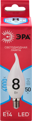 

Лампа светодиодная ЭРА RED LINE LED BXS E14 8 Вт свеча на ветру нейтральный белый свет Б0051848