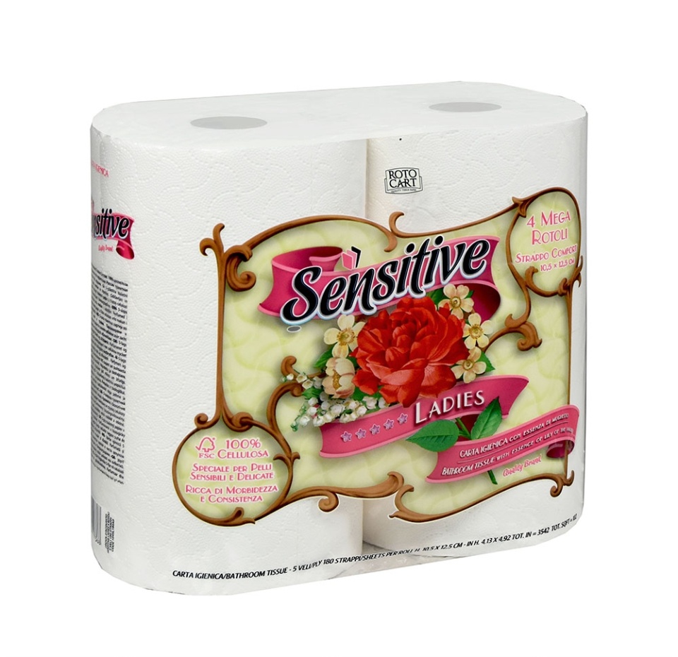 

Туалетная бумага, Sensitive Ladies, 5 слоёв, 180 листов, 4 рулона, Италия