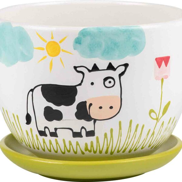 Горшок керамический с подставкой Корова