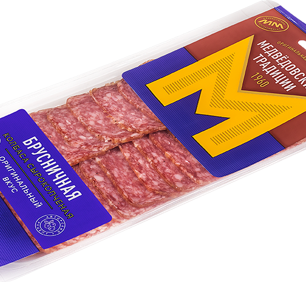 Колбаса Медведовские традиции Брусничная сырокопченая полусухая нарезка 100г