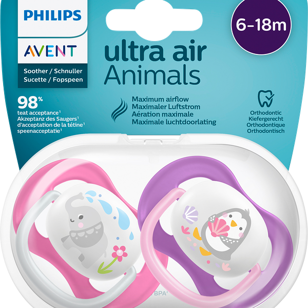Пустышка для девочки PHILIPS AVENT Ultra air Lime Слон/Пингвин с 6 месяцев SCF080/08 2 шт