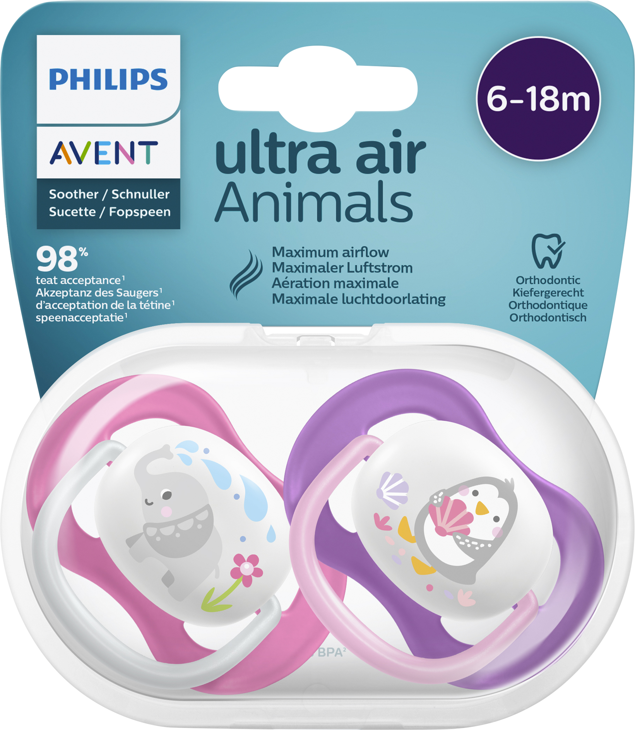 

Пустышка для девочки Philips Avent Ultra air Lime Слон/Пингвин с 6 месяцев SCF080/08 2 шт