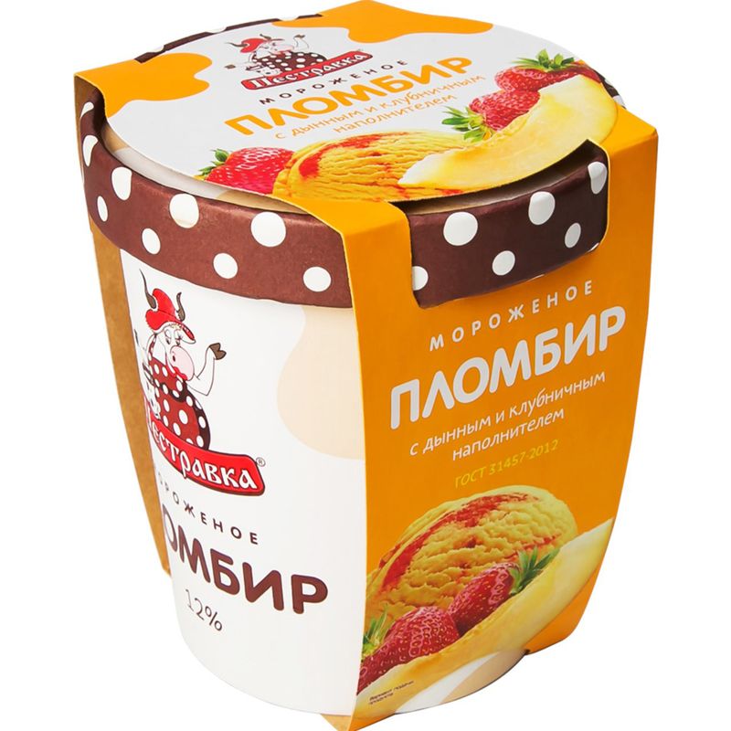 

Мороженое Пестравка, пломбир с дынным и клубничным наполнителем 12%, ведерко, 270 г