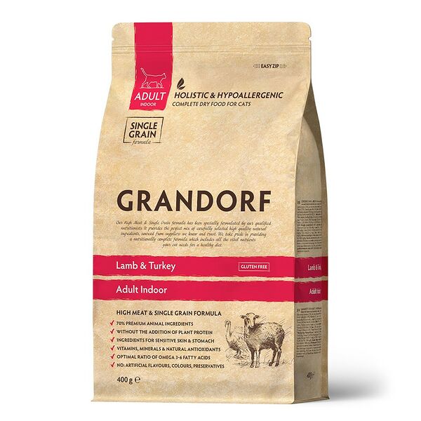 Сухой корм для домашних кошек Grandorf Lamb & Turkey Adult Indoor ягненок с индейкой от 1 года 400г