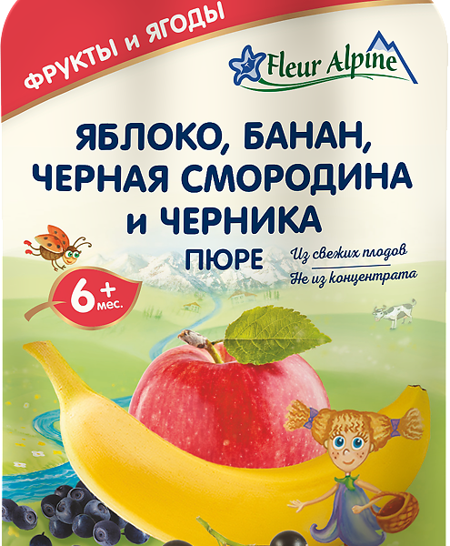 Пюре детское фруктово-ягодное Fleur Alpine Яблоко, банан, чёрная смородина и черника с 6 месяцев