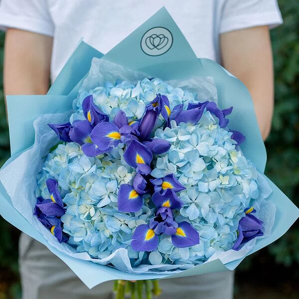 Букет из 3 голубых гортензий и 10 синих ирисов в голубой пленке