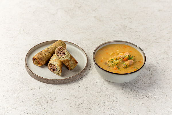 Набор: Суп гороховый с копченостями, + блины с печенью