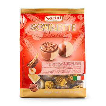 Шоколадные конфеты Sorini из молочного и белого шоколада с начинкой из орехового крема с зерновыми DOUBLE 200г, Италия