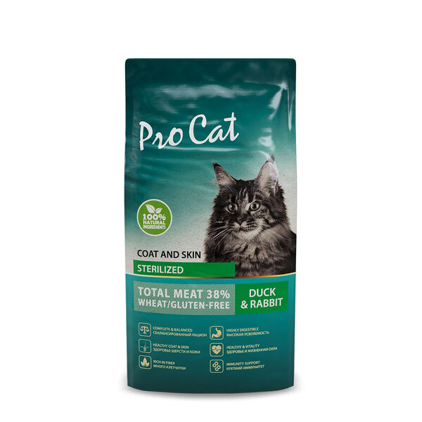 Корм для кошек PRO CAT для стерилизованных для здоровья кожи и шерсти, утка с кроликом сух. 400г