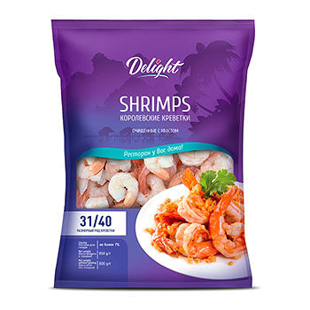 Креветки ваннамей Delight варено-мороженые очищенные без головы с хвостом 31/40 850г, Вьетнам