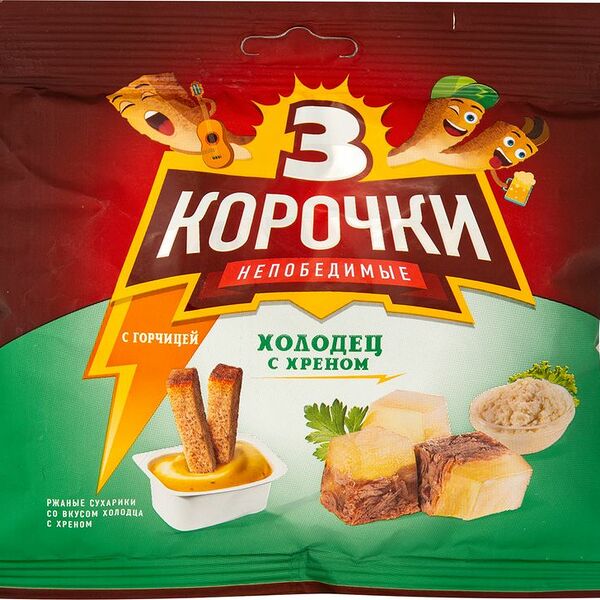 Сухарики Три корочки ржаные со вкусом холодец с хреном, 60г + горчичный соус, 25мл