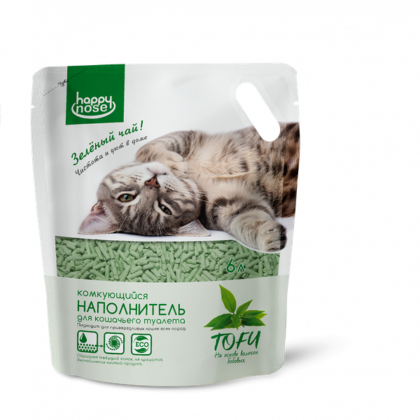 Комкующийся наполнитель для кошачьего туалета Happy Nose Tofu зелёный чай, 6л