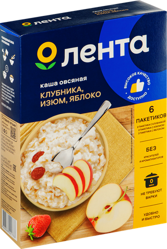 

Каша овсяная ЛЕНТА ассорти с клубникой, яблоком и изюмом, 6х40г