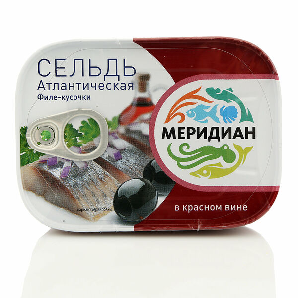 Сельдь Атлантическая филе-кусочки ТМ Меридиан в красном вине,115 г