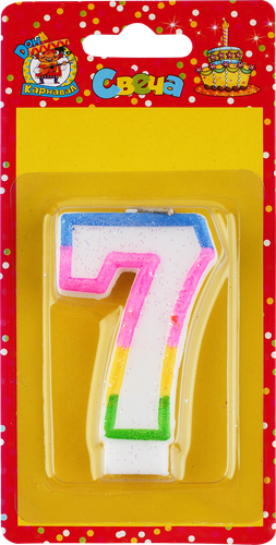 

Свеча для торта Миленд Цифра 7 с разноцветной окантовкой и блестками 100 г