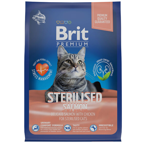 Сухой корм Brit Premium Cat Sterilised для стерилизованных кошек и кастрированных котов Лосось и курица